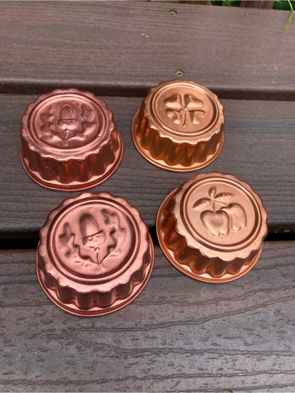 Vintage Copper Tone Aluminum Mini Jello Molds Set of 4 Apple Acorn Clover Leaf